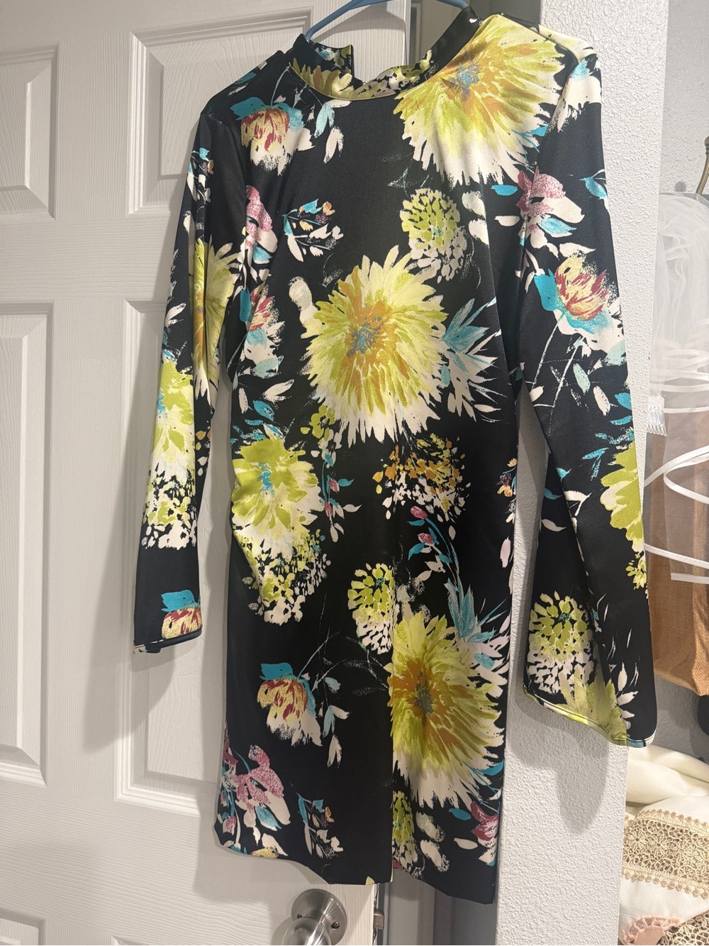 Zara Black Long-Sleeve Floral Dress with Yellow & Teal Accents
